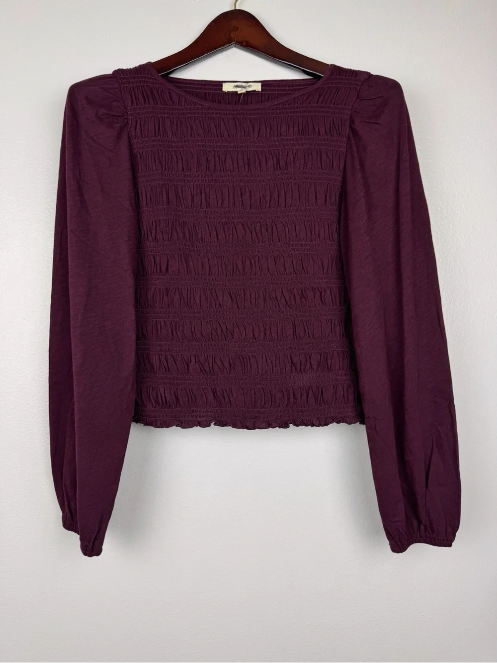 Madewell Smocked Cotton Boatneck Puff Sleeves Slim Fit Top Burgundy Size XS NWT